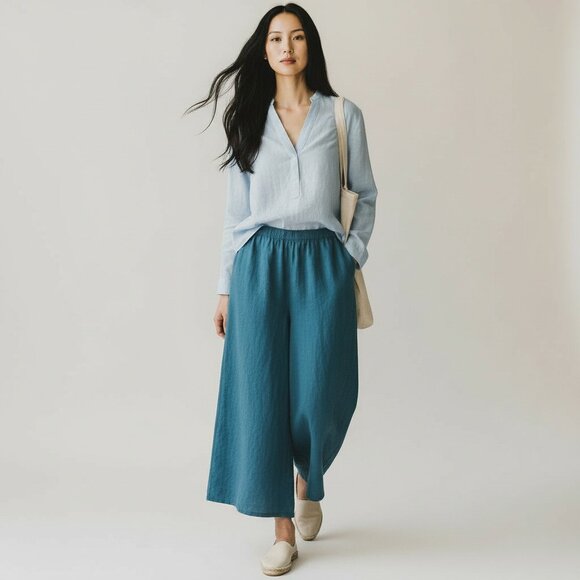 Made In Italy 100% Linen Super Wide Leg Ankle Palazzo Pants Turquoise Blue Sz M - Picture 12 of 15